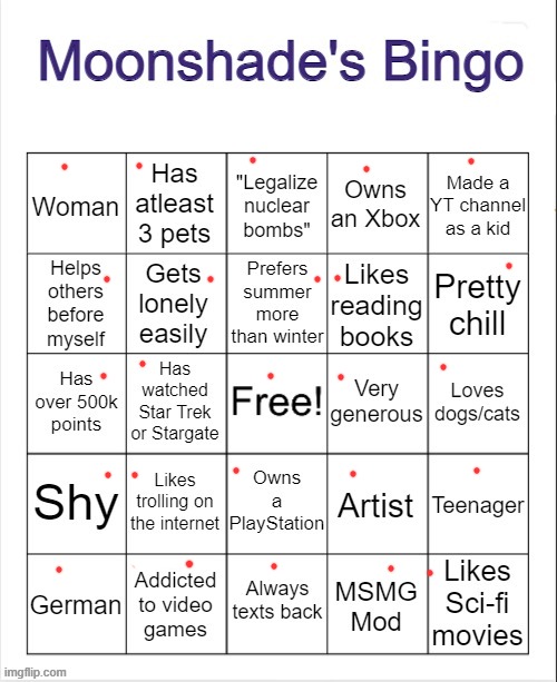 I'm literally her haha | image tagged in moonshade's bingo | made w/ Imgflip meme maker