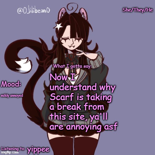 She/They/He; Now I understand why Scarf is taking a break from this site, ya'll are annoying asf; mildy annoyed; yippee | image tagged in silly_neko annoucment temp | made w/ Imgflip meme maker