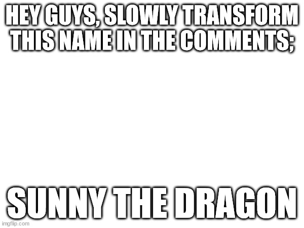 btw if theres too many just start a new one | HEY GUYS, SLOWLY TRANSFORM THIS NAME IN THE COMMENTS;; SUNNY THE DRAGON | image tagged in dragon,sunny | made w/ Imgflip meme maker