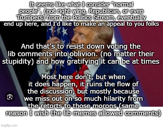 An appeal to my normal friends here | It seems like what I consider "normal people", (not right wing, Republican, or even Trumpers) from the Politics Stream, eventually end up here, and I'd like to make an appeal to you folks; And that's to resist down voting the lib comments into oblivion. (no matter their stupidity) and how gratifying it can be at times; Most here don't, but when it does happen, it ruins the flow of the discussion, but mostly because we miss out on so much hilarity from the retorts to those morons (same reason I wish the lib memes allowed comments) | image tagged in dont down vote comments meme | made w/ Imgflip meme maker