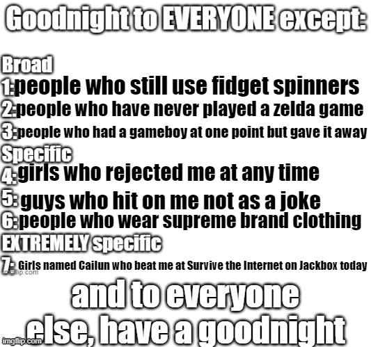 :3 | people who still use fidget spinners; people who have never played a zelda game; people who had a gameboy at one point but gave it away; girls who rejected me at any time; guys who hit on me not as a joke; people who wear supreme brand clothing; Girls named Cailun who beat me at Survive the Internet on Jackbox today | image tagged in goodnight to everyone except | made w/ Imgflip meme maker