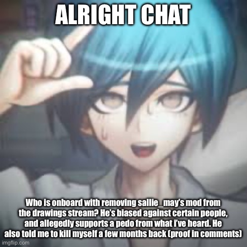 In detail, too | ALRIGHT CHAT; Who is onboard with removing sallie_may’s mod from the drawings stream? He’s biased against certain people, and allegedly supports a pedo from what i’ve heard. He also told me to kill myself a few months back (proof in comments) | image tagged in shuichi l | made w/ Imgflip meme maker