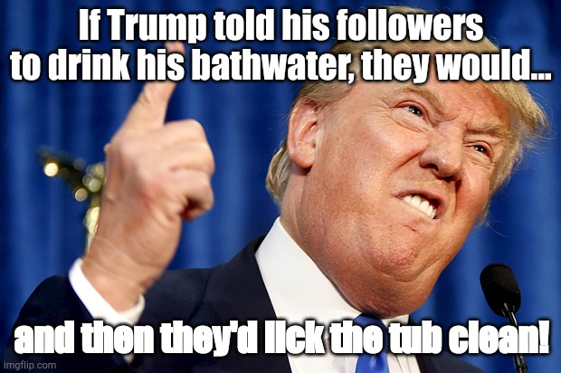 Donald Trump | If Trump told his followers to drink his bathwater, they would... and then they'd lick the tub clean! | image tagged in donald trump | made w/ Imgflip meme maker