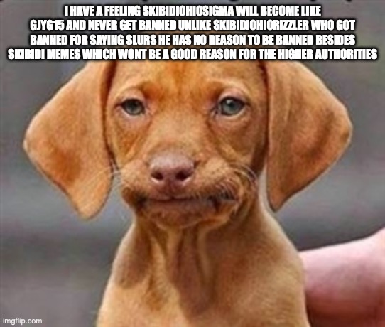 yes THIS WILL HAPPEN MARK MY FUCKING WORD | I HAVE A FEELING SKIBIDIOHIOSIGMA WILL BECOME LIKE GJYG15 AND NEVER GET BANNED UNLIKE SKIBIDIOHIORIZZLER WHO GOT BANNED FOR SAYING SLURS HE HAS NO REASON TO BE BANNED BESIDES SKIBIDI MEMES WHICH WONT BE A GOOD REASON FOR THE HIGHER AUTHORITIES | image tagged in frustrated dog | made w/ Imgflip meme maker