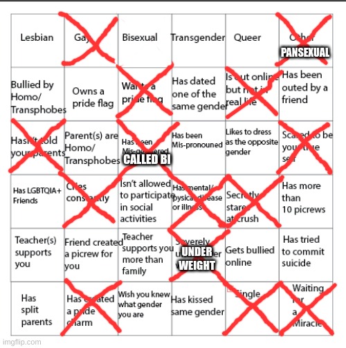 LGBTQ BINGO! | PANSEXUAL; CALLED BI; UNDER WEIGHT | image tagged in lgbtqia bingo,memes,funny,why are you reading this | made w/ Imgflip meme maker