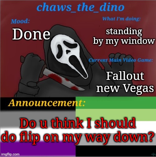 I'm done with it all | standing by my window; Done; Fallout new Vegas; Do u think I should do flip on my way down? | image tagged in chaws_the_dino announcement temp | made w/ Imgflip meme maker
