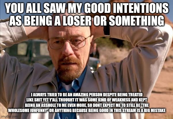 flabbergasted walt | YOU ALL SAW MY GOOD INTENTIONS AS BEING A LOSER OR SOMETHING; I ALWAYS TRIED TO BE AN AMAZING PERSON DESPITE BEING TREATED LIKE SHIT YET Y'ALL THOUGHT IT WAS SOME KIND OF WEAKNESS AND KEPT BEING AN ASSHOLE TO ME EVEN MORE, SO DONT EXPECT ME TO STILL BE "THE WHOLESOME IUNFUNNY" OR ANYTHING BECAUSE BEING GOOD IN THIS STREAM IS A BIG MISTAKE | image tagged in flabbergasted walt | made w/ Imgflip meme maker