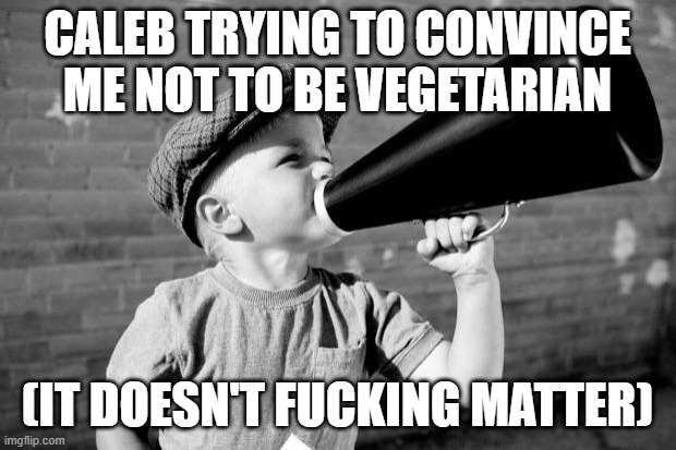 this is satire i really dont care that much | CALEB TRYING TO CONVINCE ME NOT TO BE VEGETARIAN; (IT DOESN'T FUCKING MATTER) | image tagged in megaphone | made w/ Imgflip meme maker