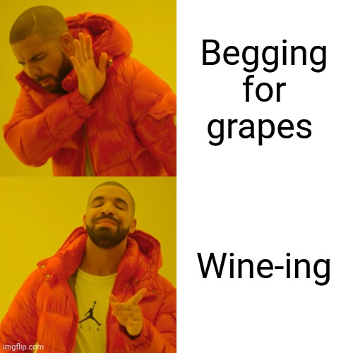 Drake Hotline Bling Meme | Begging for grapes; Wine-ing | image tagged in memes,drake hotline bling | made w/ Imgflip meme maker