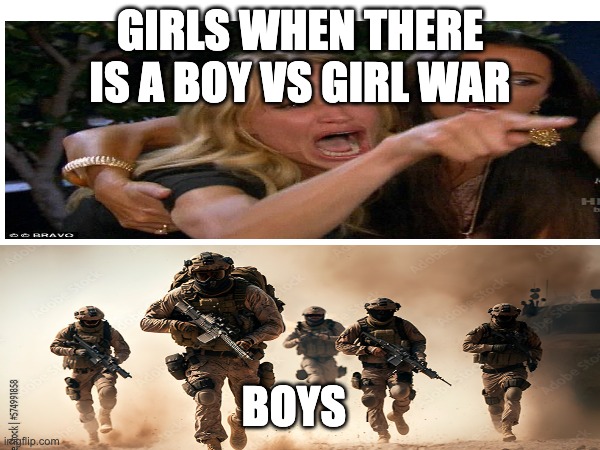 Boy vs girl war | GIRLS WHEN THERE IS A BOY VS GIRL WAR; BOYS | image tagged in boy vs girl | made w/ Imgflip meme maker