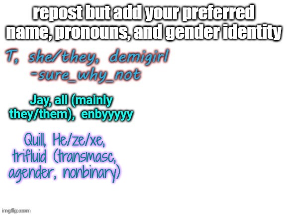 Quill, He/ze/xe, trifluid (transmasc, agender, nonbinary) | made w/ Imgflip meme maker