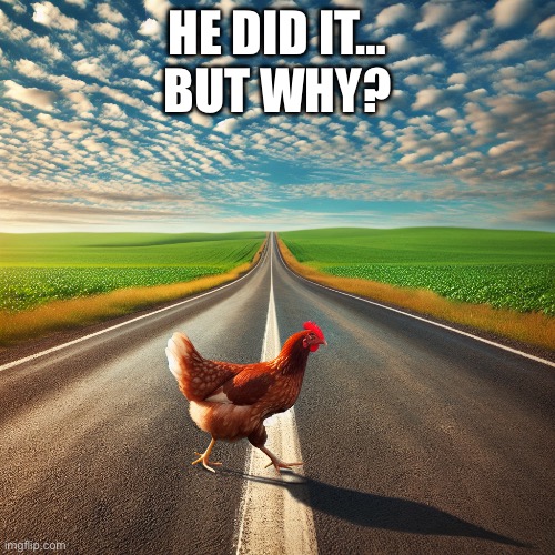 Why did the chicken cross the road? | HE DID IT…
BUT WHY? | image tagged in chicken crossing the road | made w/ Imgflip meme maker