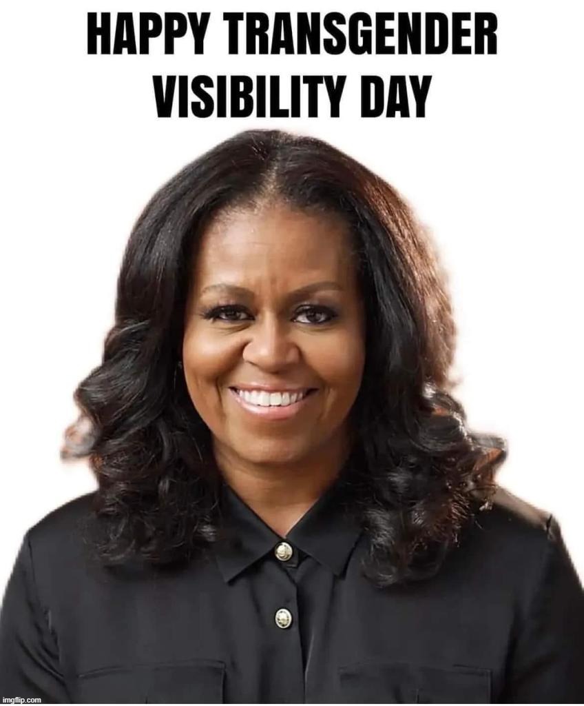 Happy Transgender Visibility Day | image tagged in moochelle,michael lavaughn robinson obama,michelle obama,tired of hearing about transgenders,mooshelle | made w/ Imgflip meme maker