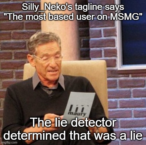 Maury Lie Detector | Silly_Neko's tagline says "The most based user on MSMG"; The lie detector determined that was a lie | image tagged in memes,maury lie detector | made w/ Imgflip meme maker