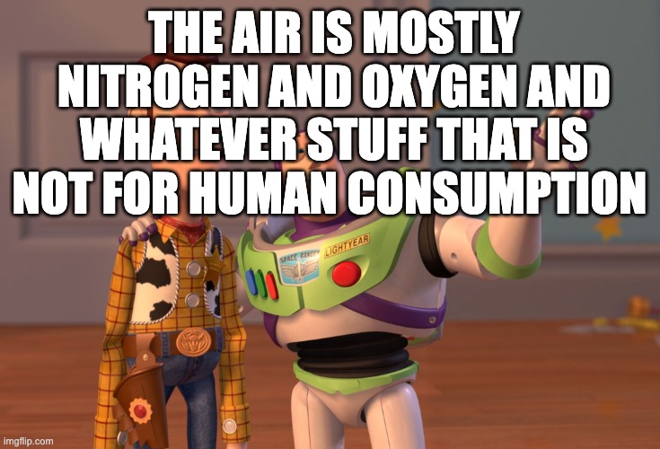 nooo | THE AIR IS MOSTLY NITROGEN AND OXYGEN AND WHATEVER STUFF THAT IS NOT FOR HUMAN CONSUMPTION | image tagged in memes,x x everywhere | made w/ Imgflip meme maker