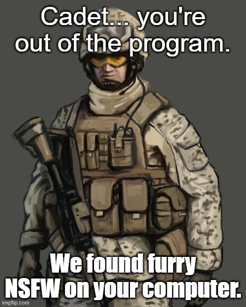 Now go home and rethink your life choices. | Cadet... you're out of the program. We found furry NSFW on your computer. | image tagged in anti-furry | made w/ Imgflip meme maker