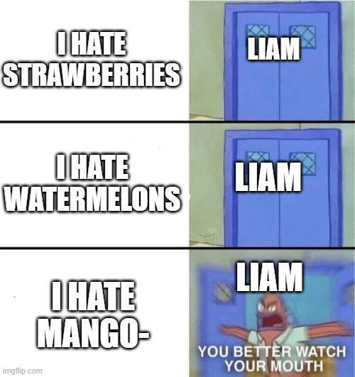 You better watch your mouth | I HATE STRAWBERRIES; LIAM; I HATE WATERMELONS; LIAM; I HATE MANGO-; LIAM | image tagged in you better watch your mouth | made w/ Imgflip meme maker