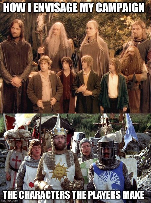 HOW I ENVISAGE MY CAMPAIGN; THE CHARACTERS THE PLAYERS MAKE | image tagged in fellowship,monty python knights | made w/ Imgflip meme maker