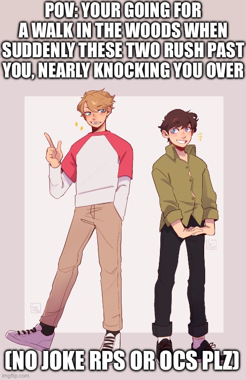 NO PLEASE- IVE BEEN OBSESSED WITH THE BENCH TRIO ONCE DONT MAKE ME DO IT AGAIN- AH- | POV: YOUR GOING FOR A WALK IN THE WOODS WHEN SUDDENLY THESE TWO RUSH PAST YOU, NEARLY KNOCKING YOU OVER; (NO JOKE RPS OR OCS PLZ) | image tagged in help me | made w/ Imgflip meme maker