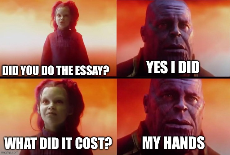 thanos what did it cost | YES I DID; DID YOU DO THE ESSAY? WHAT DID IT COST? MY HANDS | image tagged in thanos what did it cost | made w/ Imgflip meme maker