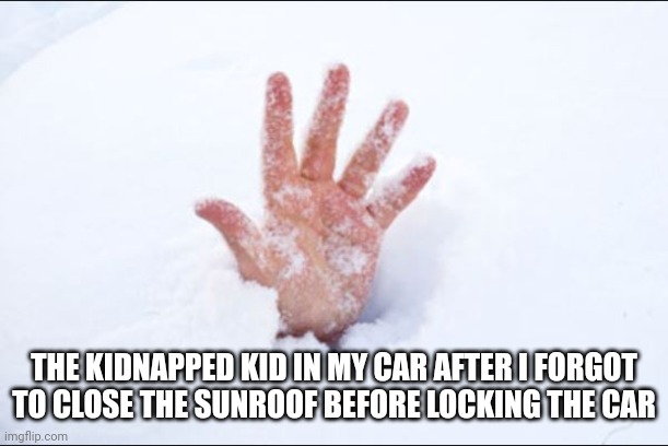 THE KIDNAPPED KID IN MY CAR AFTER I FORGOT TO CLOSE THE SUNROOF BEFORE LOCKING THE CAR | image tagged in snow buried | made w/ Imgflip meme maker