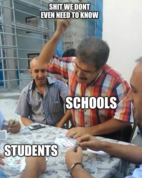 angry turkish man playing cards meme | SHIT WE DONT EVEN NEED TO KNOW; SCHOOLS; STUDENTS | image tagged in angry turkish man playing cards meme | made w/ Imgflip meme maker