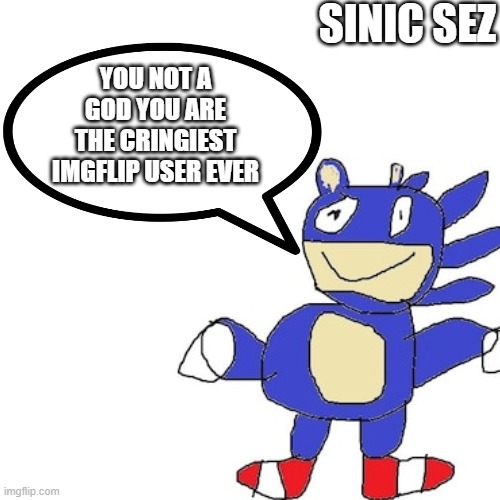 sinic sez | YOU NOT A GOD YOU ARE THE CRINGIEST IMGFLIP USER EVER | image tagged in sinic sez | made w/ Imgflip meme maker