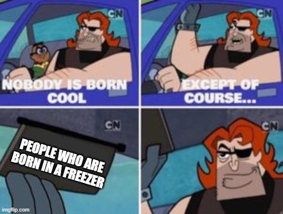 no one is born cool except | PEOPLE WHO ARE BORN IN A FREEZER | image tagged in no one is born cool except | made w/ Imgflip meme maker