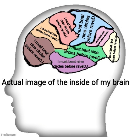 Actual image of the inside of my brain | i must beat nine circles before raveDJ; i must beat nine circles before raveDJ; i must beat nine circles before raveDJ; i must beat nine circles before raveDJ; i must beat nine circles before raveDJ; i must beat nine circles before raveDJ; i must beat nine circles before raveDJ; i must beat nine circles before raveDJ | image tagged in actual image of the inside of my brain | made w/ Imgflip meme maker