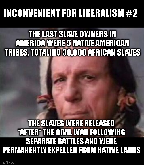 Native American Single Tear | INCONVENIENT FOR LIBERALISM #2; THE LAST SLAVE OWNERS IN AMERICA WERE 5 NATIVE AMERICAN TRIBES, TOTALING 30,000 AFRICAN SLAVES; THE SLAVES WERE RELEASED *AFTER* THE CIVIL WAR FOLLOWING SEPARATE BATTLES AND WERE PERMANENTLY EXPELLED FROM NATIVE LANDS | image tagged in native american single tear | made w/ Imgflip meme maker