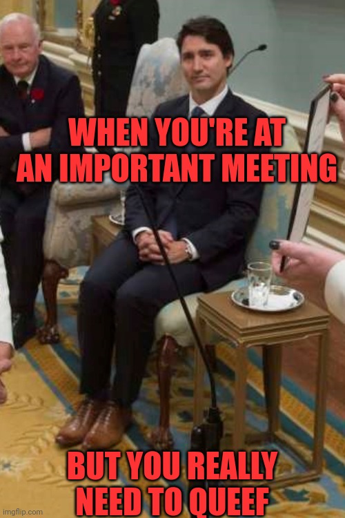 Trudeau's dilemma | WHEN YOU'RE AT AN IMPORTANT MEETING; BUT YOU REALLY NEED TO QUEEF | image tagged in trudeau,nervous,angry sjw,fidel castro | made w/ Imgflip meme maker