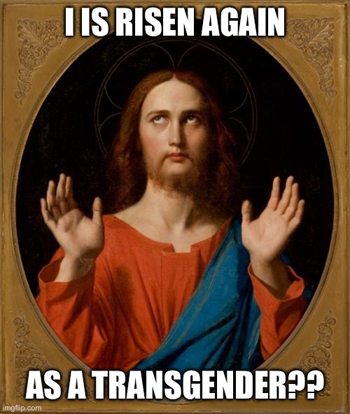 Annoyed Jesus | I IS RISEN AGAIN; AS A TRANSGENDER?? | image tagged in annoyed jesus,memes | made w/ Imgflip meme maker