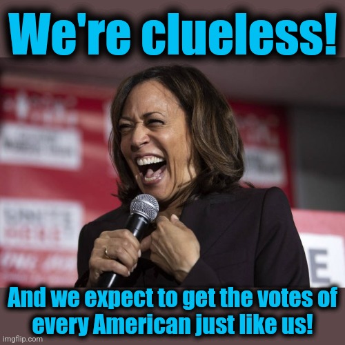 Kamala laughing | We're clueless! And we expect to get the votes of
every American just like us! | image tagged in kamala laughing | made w/ Imgflip meme maker