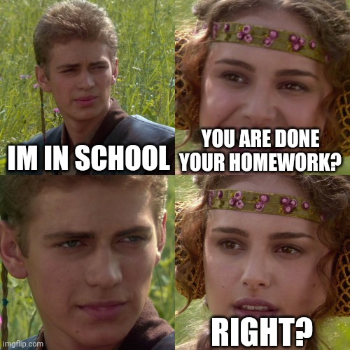 Anakin Padme 4 Panel | IM IN SCHOOL; YOU ARE DONE YOUR HOMEWORK? RIGHT? | image tagged in anakin padme 4 panel | made w/ Imgflip meme maker