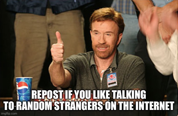 Chuck Norris Approves | REPOST IF YOU LIKE TALKING TO RANDOM STRANGERS ON THE INTERNET | image tagged in memes,chuck norris approves,chuck norris | made w/ Imgflip meme maker