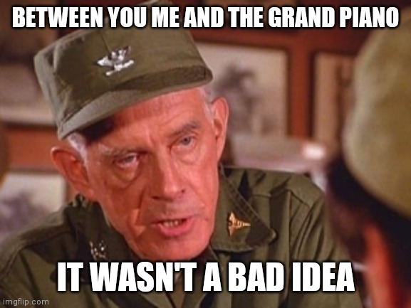 Not a bad idea | BETWEEN YOU ME AND THE GRAND PIANO; IT WASN'T A BAD IDEA | image tagged in col potter horsehockey,funny memes | made w/ Imgflip meme maker