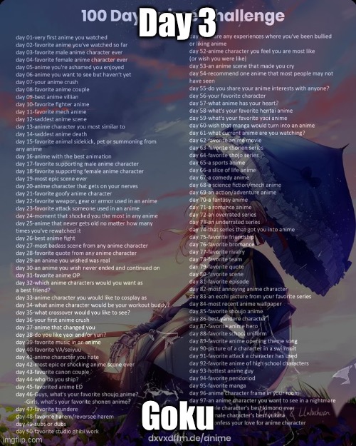 100 day anime challenge | Day 3; Goku | image tagged in 100 day anime challenge | made w/ Imgflip meme maker