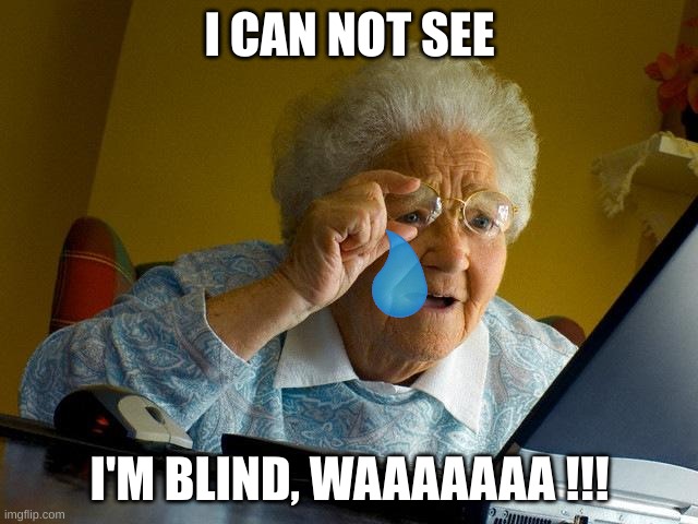 Grandma Finds The Internet | I CAN NOT SEE; I'M BLIND, WAAAAAAA !!! | image tagged in memes,grandma finds the internet | made w/ Imgflip meme maker