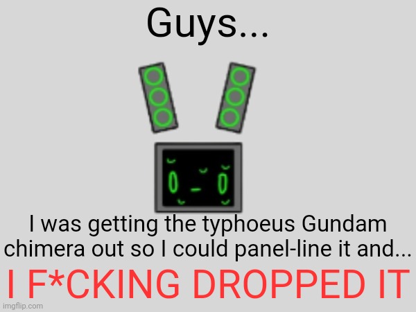 I can't even tell where half of these parts go anymore | Guys... I was getting the typhoeus Gundam chimera out so I could panel-line it and... I F*CKING DROPPED IT | made w/ Imgflip meme maker