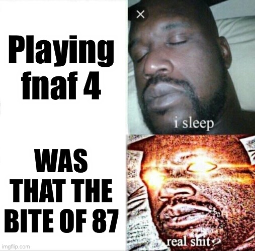 OR BITE OF 83 | Playing fnaf 4; WAS THAT THE BITE OF 87 | image tagged in memes,sleeping shaq | made w/ Imgflip meme maker