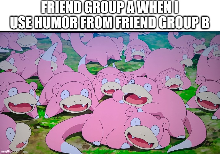 Idk what to title these | FRIEND GROUP A WHEN I USE HUMOR FROM FRIEND GROUP B | image tagged in slowpoke | made w/ Imgflip meme maker