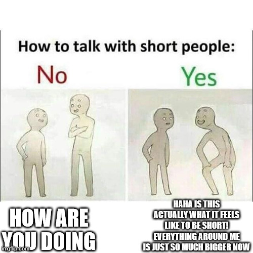 How to speak to short people | HAHA IS THIS ACTUALLY WHAT IT FEELS LIKE TO BE SHORT! EVERYTHING AROUND ME IS JUST SO MUCH BIGGER NOW; HOW ARE YOU DOING | image tagged in how to speak to short people | made w/ Imgflip meme maker