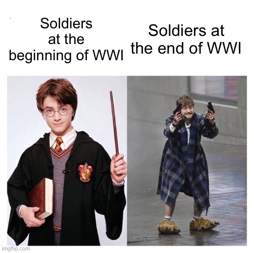 WWI soldiers | Soldiers at the beginning of WWI; Soldiers at the end of WWI | image tagged in harry vs harry | made w/ Imgflip meme maker