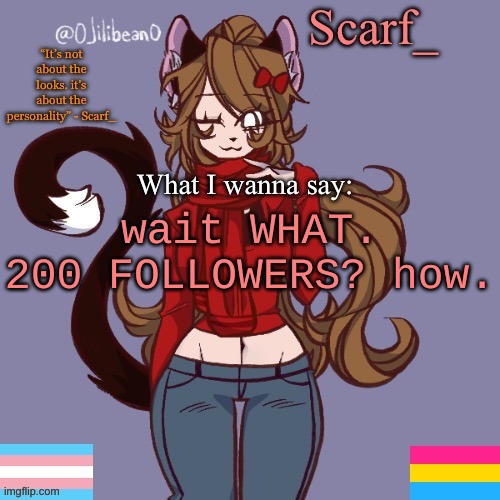 how?? | wait WHAT. 200 FOLLOWERS? how. | image tagged in scarf_ announcement template | made w/ Imgflip meme maker