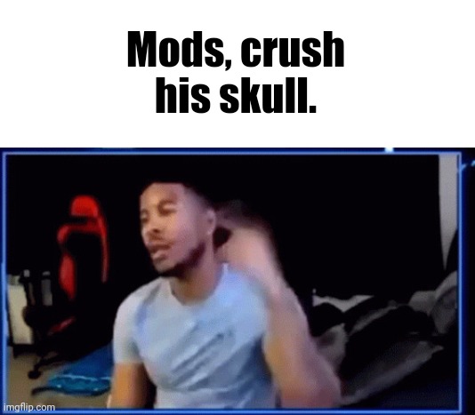 Mods ban him | Mods, crush his skull. | image tagged in mods ban him | made w/ Imgflip meme maker