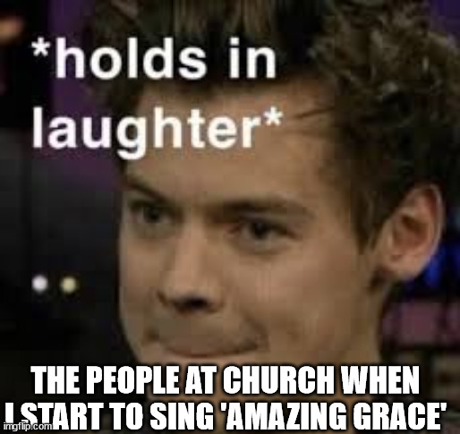 Im really bad at singing | THE PEOPLE AT CHURCH WHEN I START TO SING 'AMAZING GRACE' | image tagged in holds in laughter | made w/ Imgflip meme maker