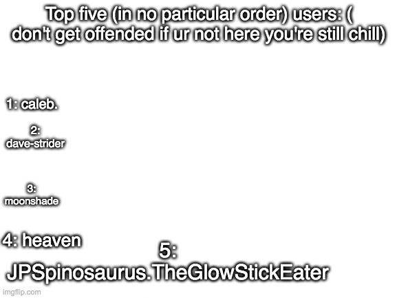 Blank White Template | Top five (in no particular order) users: ( don't get offended if ur not here you're still chill); 1: caleb. 2: dave-strider; 3: moonshade; 4: heaven; 5: JPSpinosaurus.TheGlowStickEater | image tagged in blank white template | made w/ Imgflip meme maker