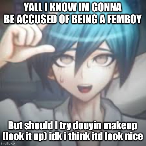 Should I | YALL I KNOW IM GONNA BE ACCUSED OF BEING A FEMBOY; But should I try douyin makeup (look it up) idk i think itd look nice | image tagged in shuichi l | made w/ Imgflip meme maker