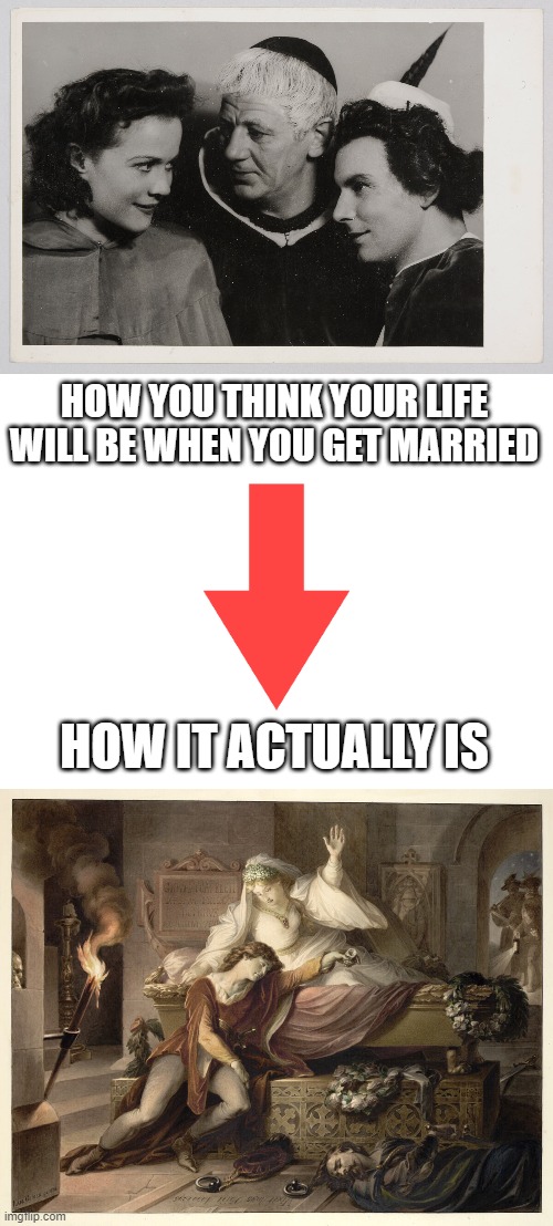 married life | HOW YOU THINK YOUR LIFE WILL BE WHEN YOU GET MARRIED; HOW IT ACTUALLY IS | image tagged in romeo and juliet | made w/ Imgflip meme maker