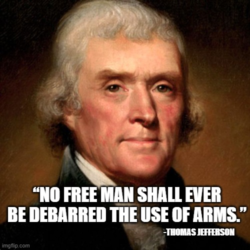 Guns | “NO FREE MAN SHALL EVER
BE DEBARRED THE USE OF ARMS.”; -THOMAS JEFFERSON | image tagged in thomas jefferson meme | made w/ Imgflip meme maker